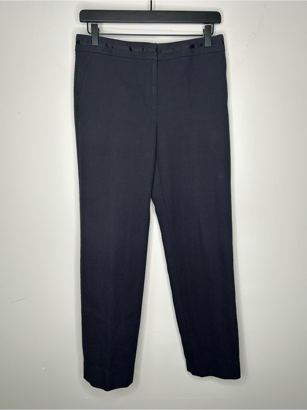 J. McLaughlin Navy Textured Ankle Pants Straight Leg Grosgrain Trim Size 6